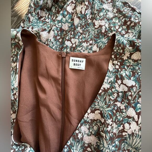 EUC Aritzia Sunday Best Grayson Floral Print Long Sleeve Mini Dress 8 Mocha Teal - Picture 10 of 16